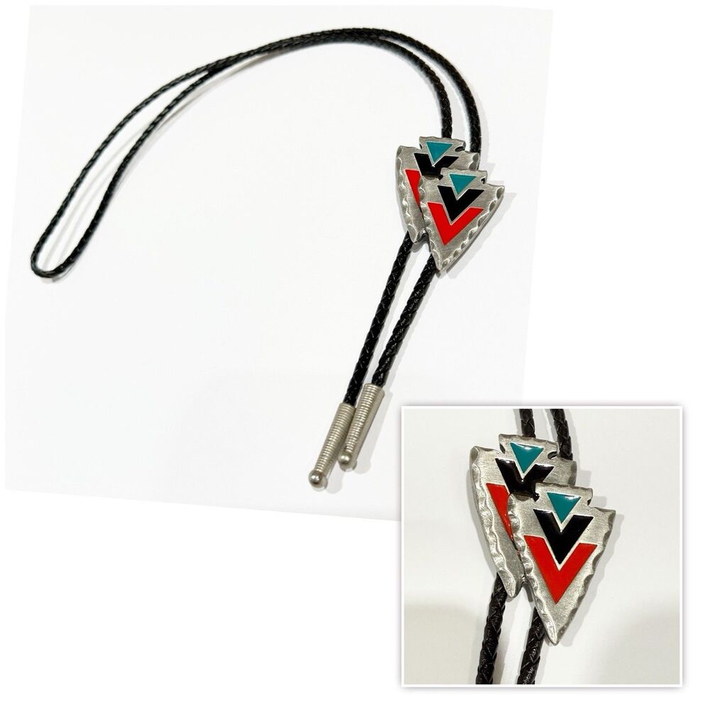 Vintage 1994 Sioux Bolo Tie Arrowhead Southwest Red Turquoise Enamel Western